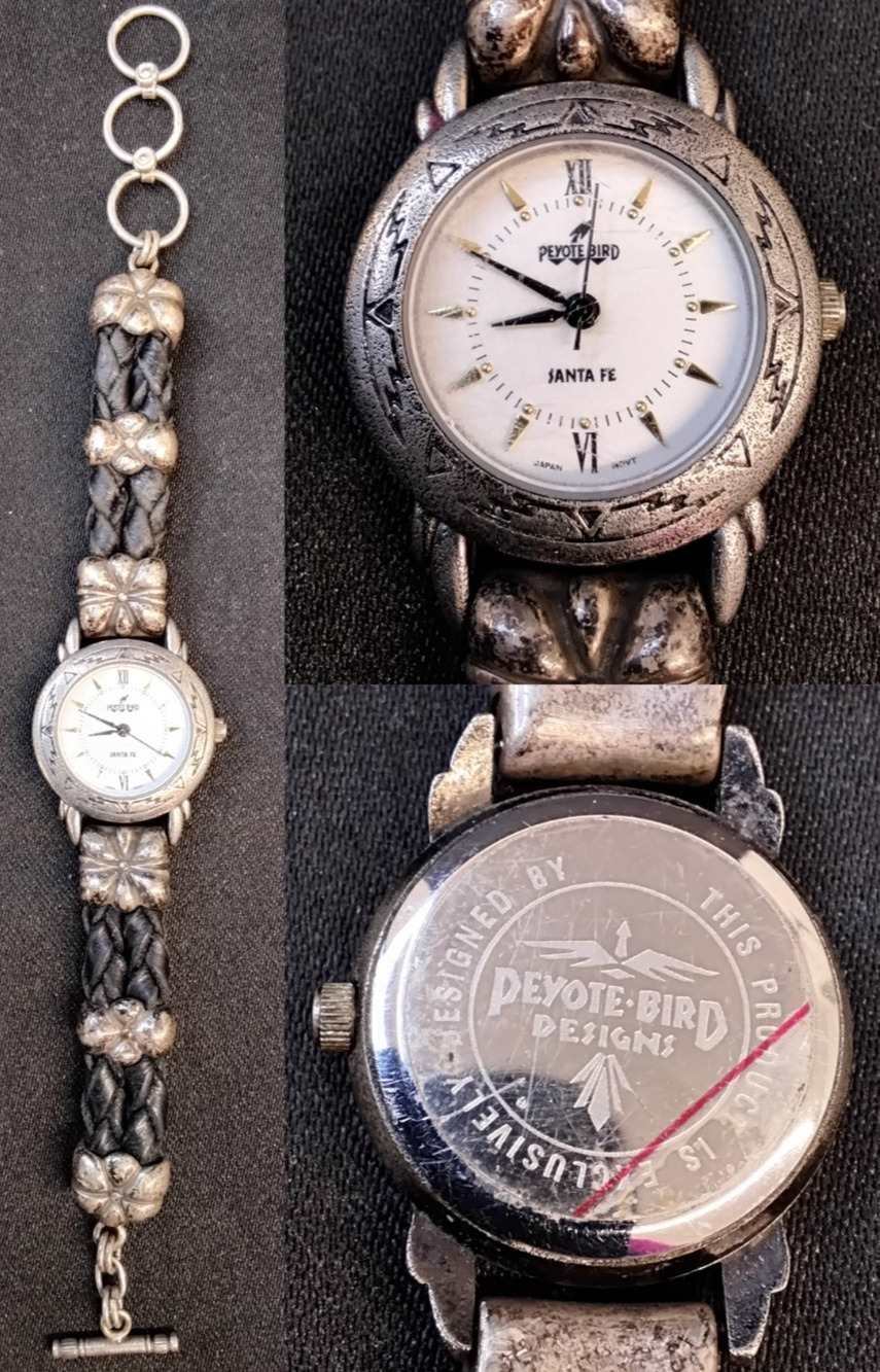 Vintage Peyote Bird Santa Fe Women's Watch Silver Tone Black Leather Band #Z5858